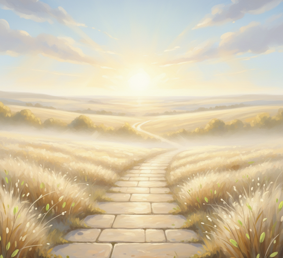 „Heller, weiter Weg in einer sanft goldenen Landschaft bei Morgenlicht – ein ruhiges Naturbild, das Orientierung, Neubeginn und innere Klarheit symbolisiert.“