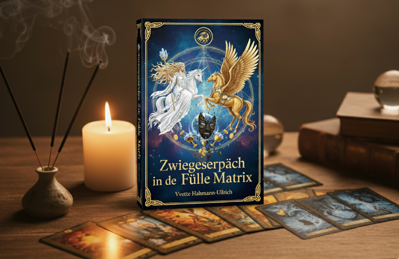 „Buch Zwiegespräch in der Füllematrix steht auf einem Holztisch, umgeben von ausgebreiteten Kartendecks aus dem gleichen Set. Neben dem Buch brennt eine Kerze, Räucherwerk steigt auf, im Hintergrund liegen alte Bücher und zwei Kristallkugeln. Das Cover zeigt eine lichtvolle Figur, einen goldenen Pegasus und ein kosmisches Energiemuster.“